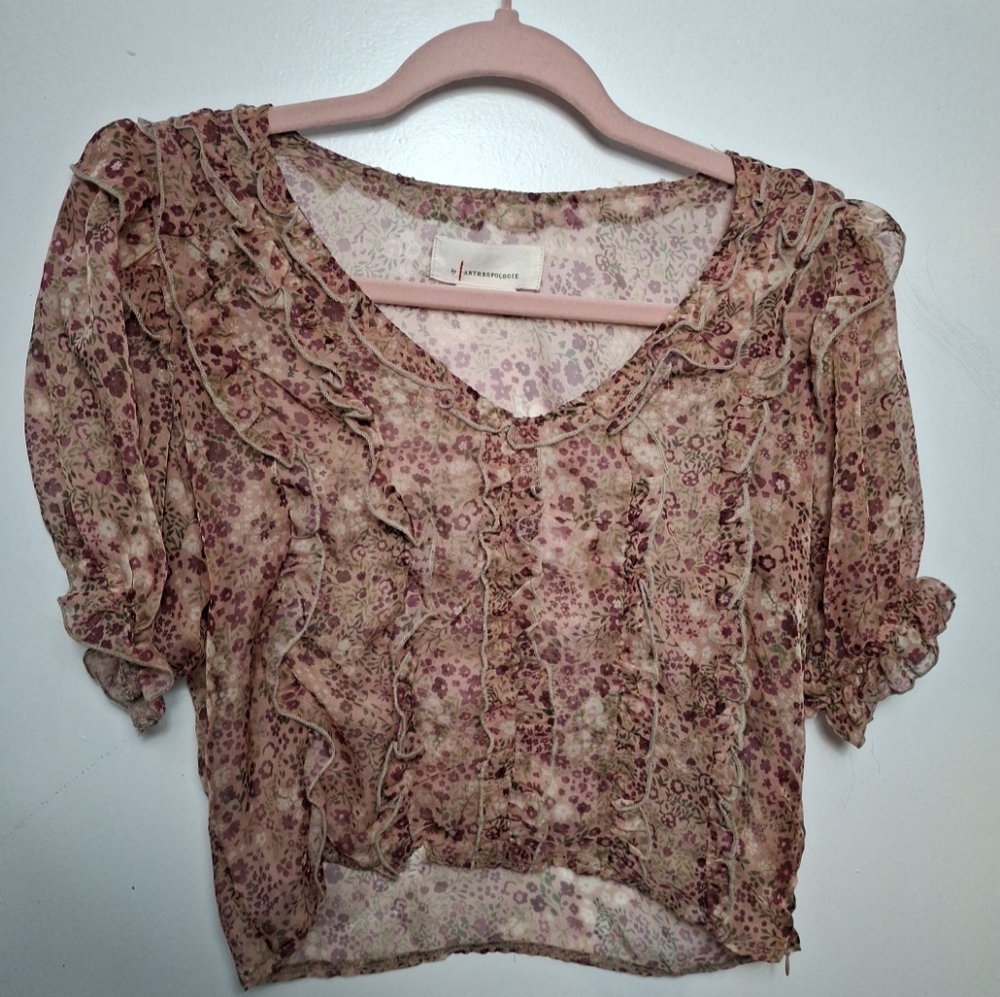 Anthropologie Sheer Floral Cropped Blouse Ruffles Puff Sleeves XS